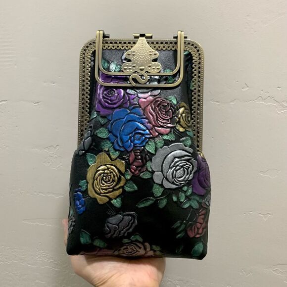 Handmade Genuine Embossed Rose Cowhide Clutch/Phone Case, Kiss Clasp/Clip Pouch - Picture 2 of 16